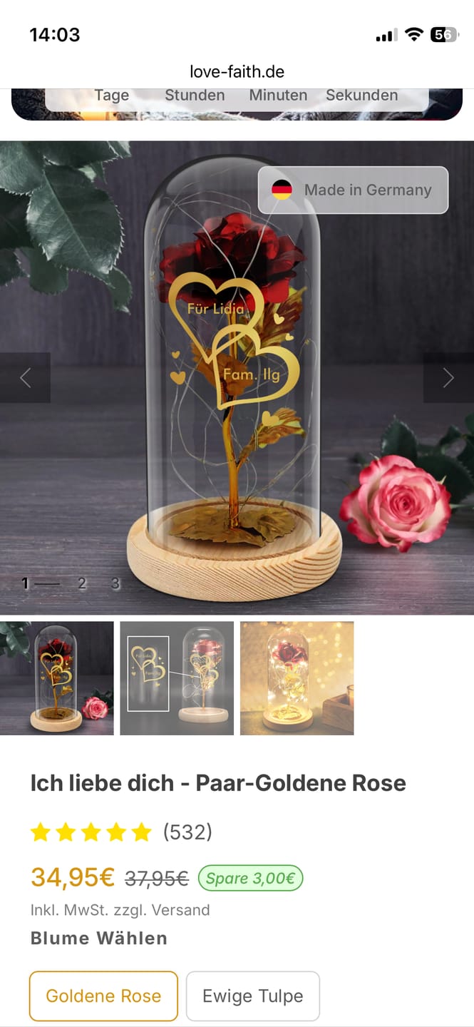 Customer photo review of Ich liebe dich - Paar-Goldene Rose