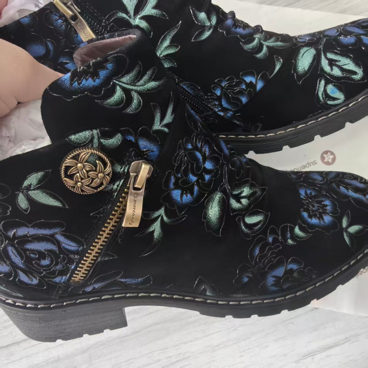 Customer photo review of Midnight Floral Velvet Ankle Boots