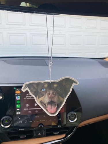 Customer's Custom Air Freshener, shaped like a smiling dog's head, hanging from a car's rearview mirror.