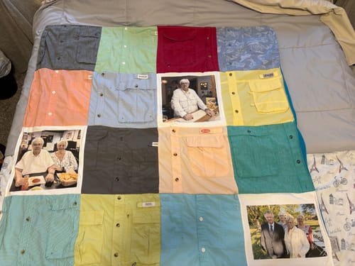Customer's Project Repat T-Shirt Quilt made from colorful shirts and squares with printed photographs.