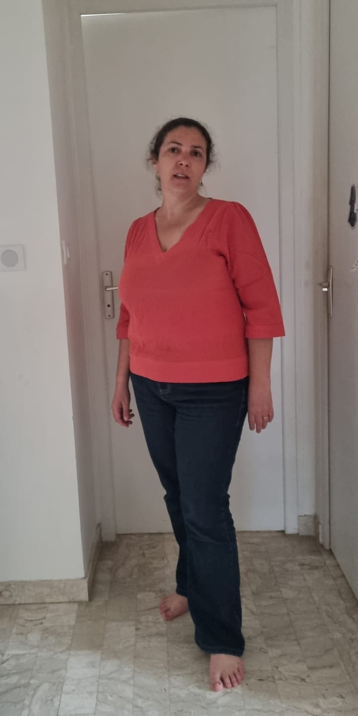 Customer photo review of Blouse Eulalie col V - manches 3/4 - double gaze de coton Papaye
