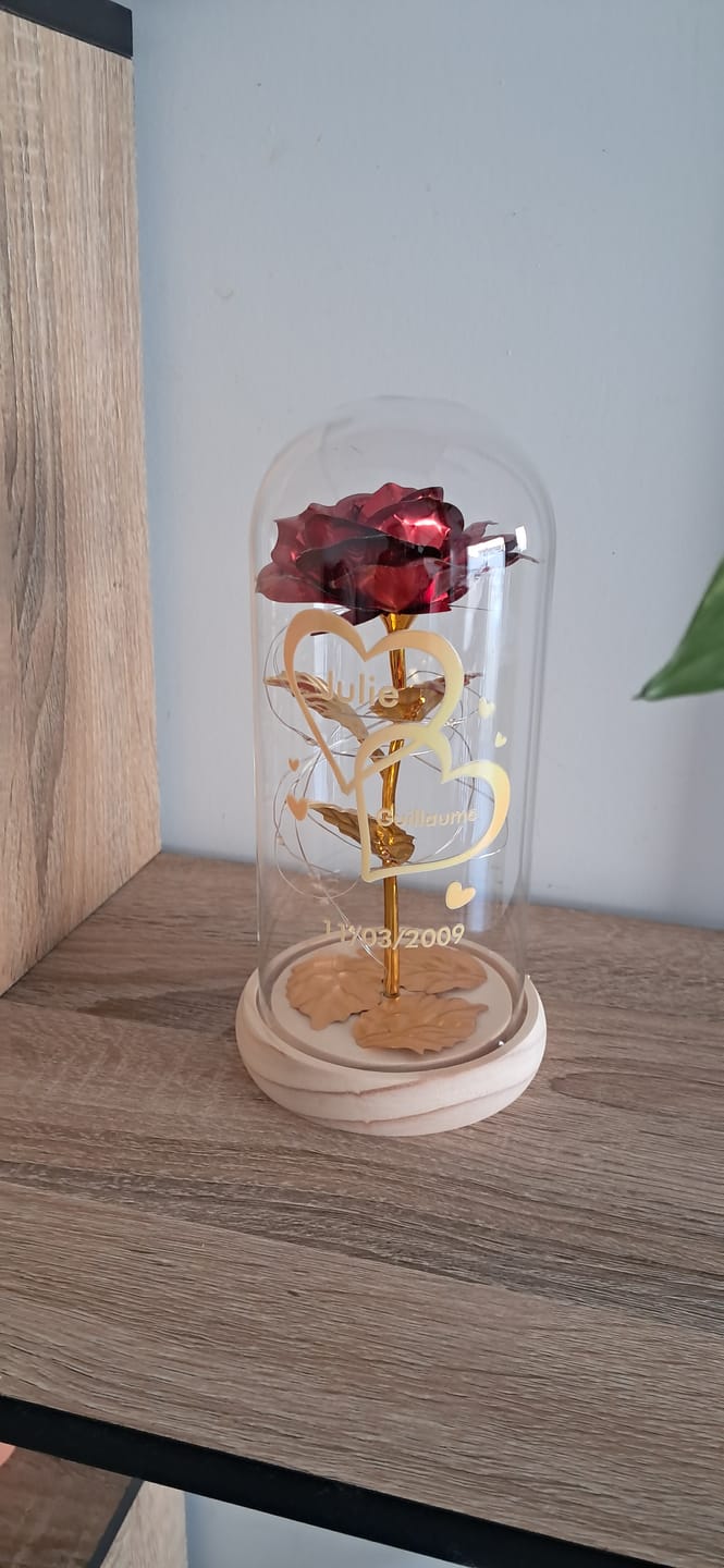 Customer photo review of Je t'aime - Rose éternelle sous cloche en verre avec lumière LED personnalisée avec noms et date anniversaire