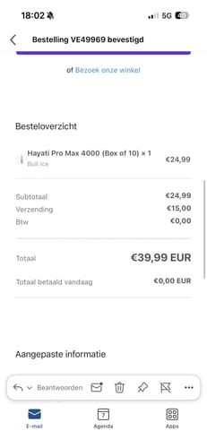 Reviewer's order confirmation screenshot for a Hayati Pro Max 4000 (Box of 10) in Bull Ice flavor.