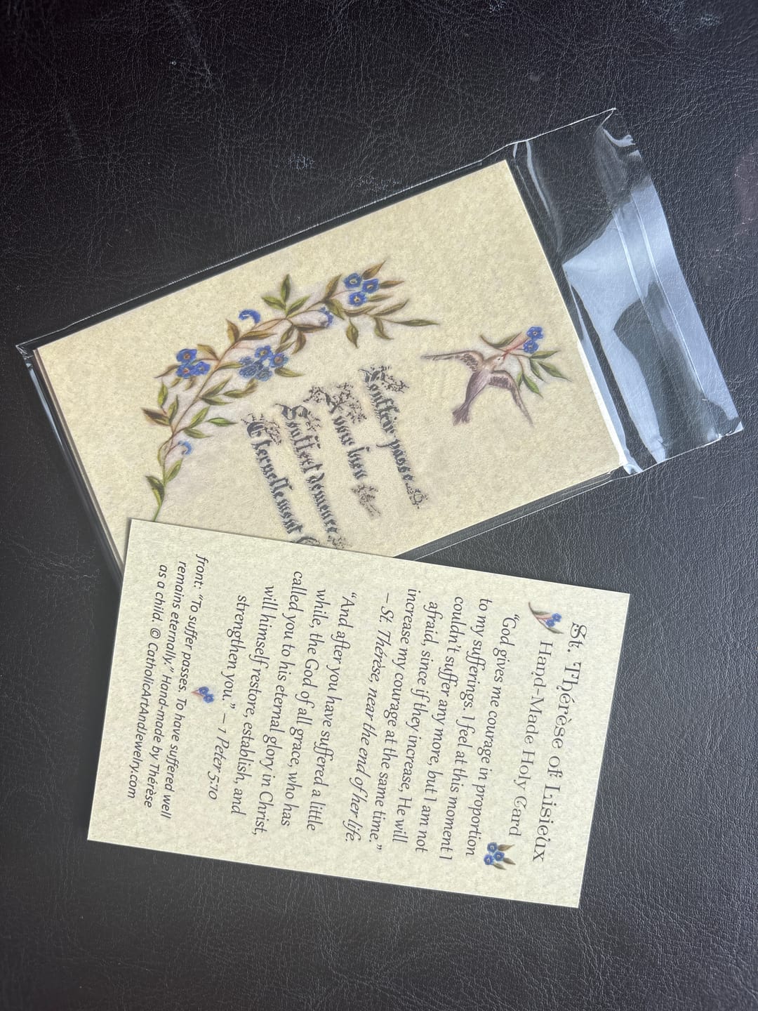 Customer photo review of New! St Therese's Handmade Holy Card #2 –To Suffer Well Lasts Eternally – pack of 10/100/1000