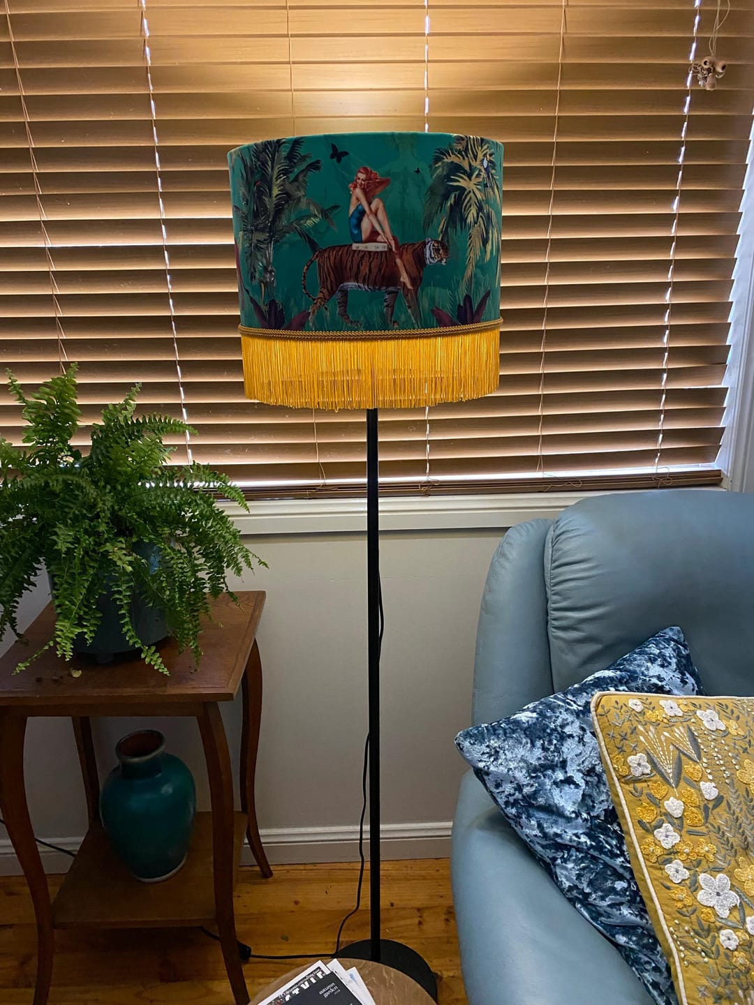 Customer photo review of Queen K Jungle Walk Green Tassel Fringed Drum Lampshade