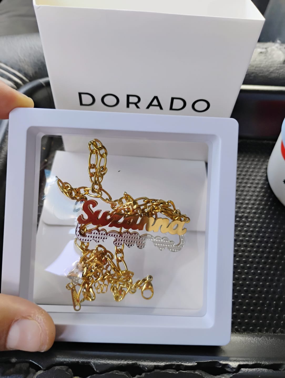 Customer photo review of Double Plated Triple Heart Name Necklace w/ Cuban Chain