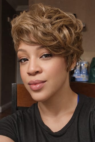Reviewer wearing the Outre Wig Pop Full Wig in a short, wavy pixie style indoors.