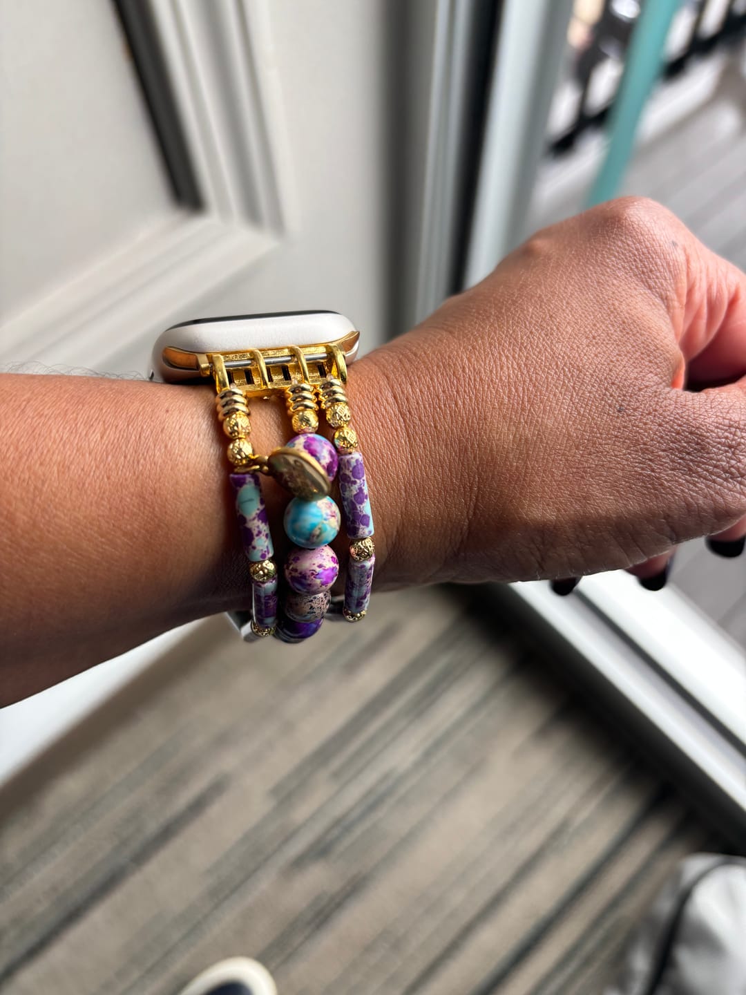 Customer photo review of Periwinkle Jasper Stretch Apple Watch Strap