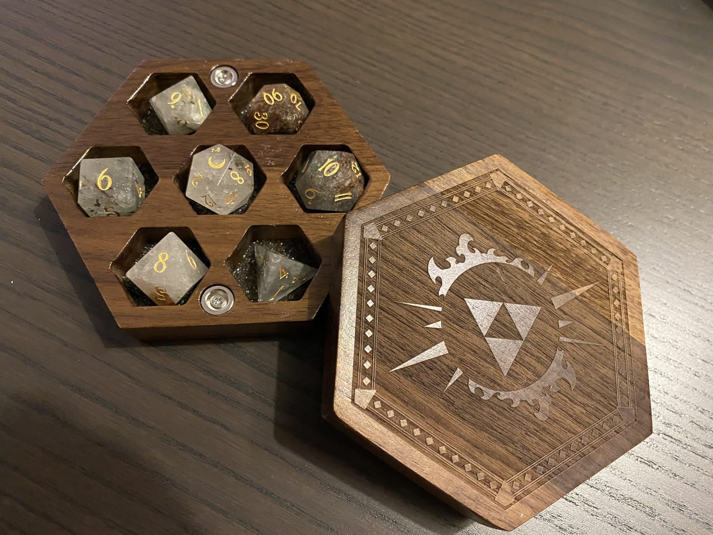 Customer photo review of URWizards D&D Phantom Quartz Gemstone Engraved Dice Set(Limited edition)