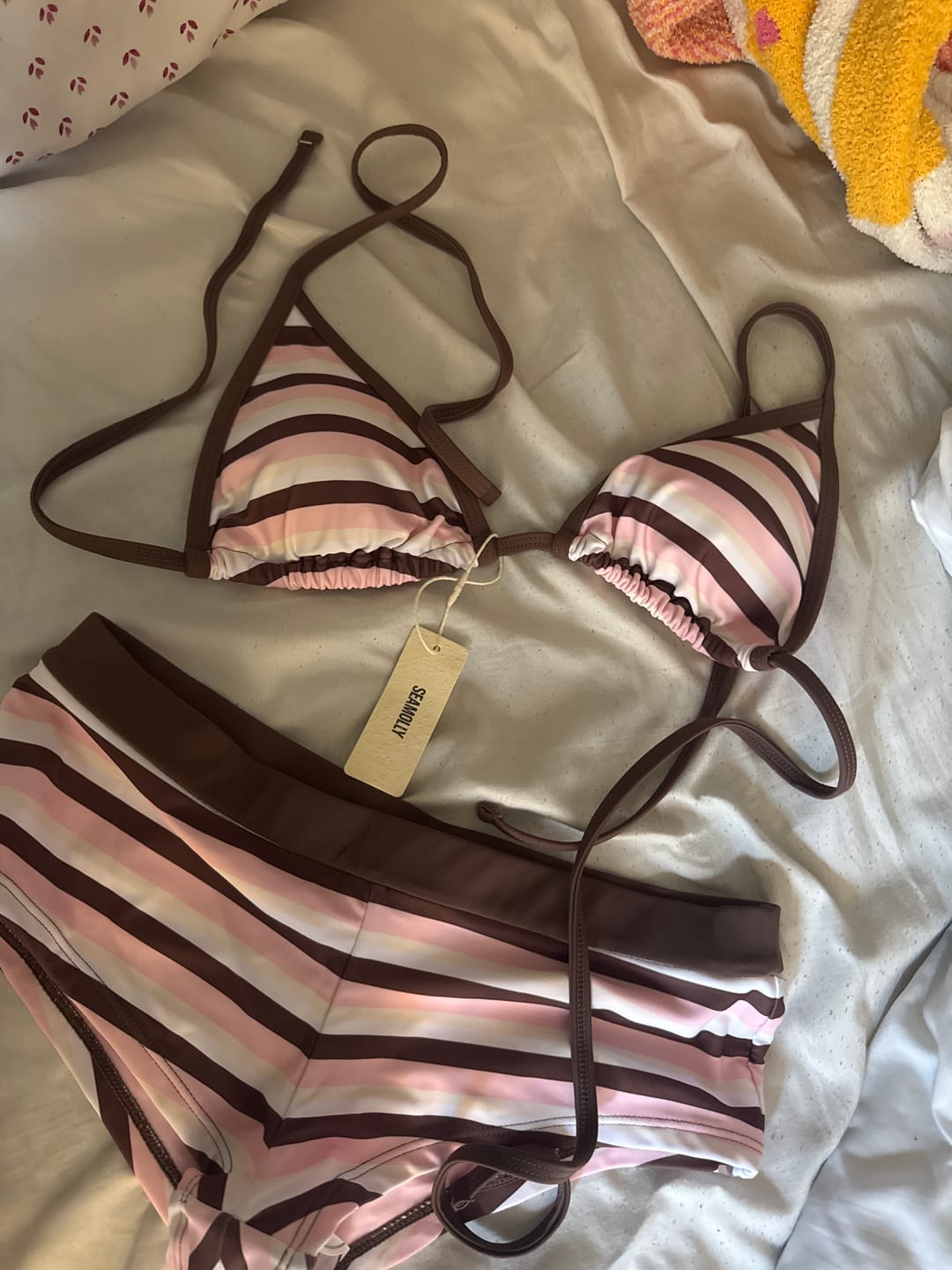 Customer photo review of Seamolly Colorblock Striped Halter Triangle Boyshorts Bikini Set