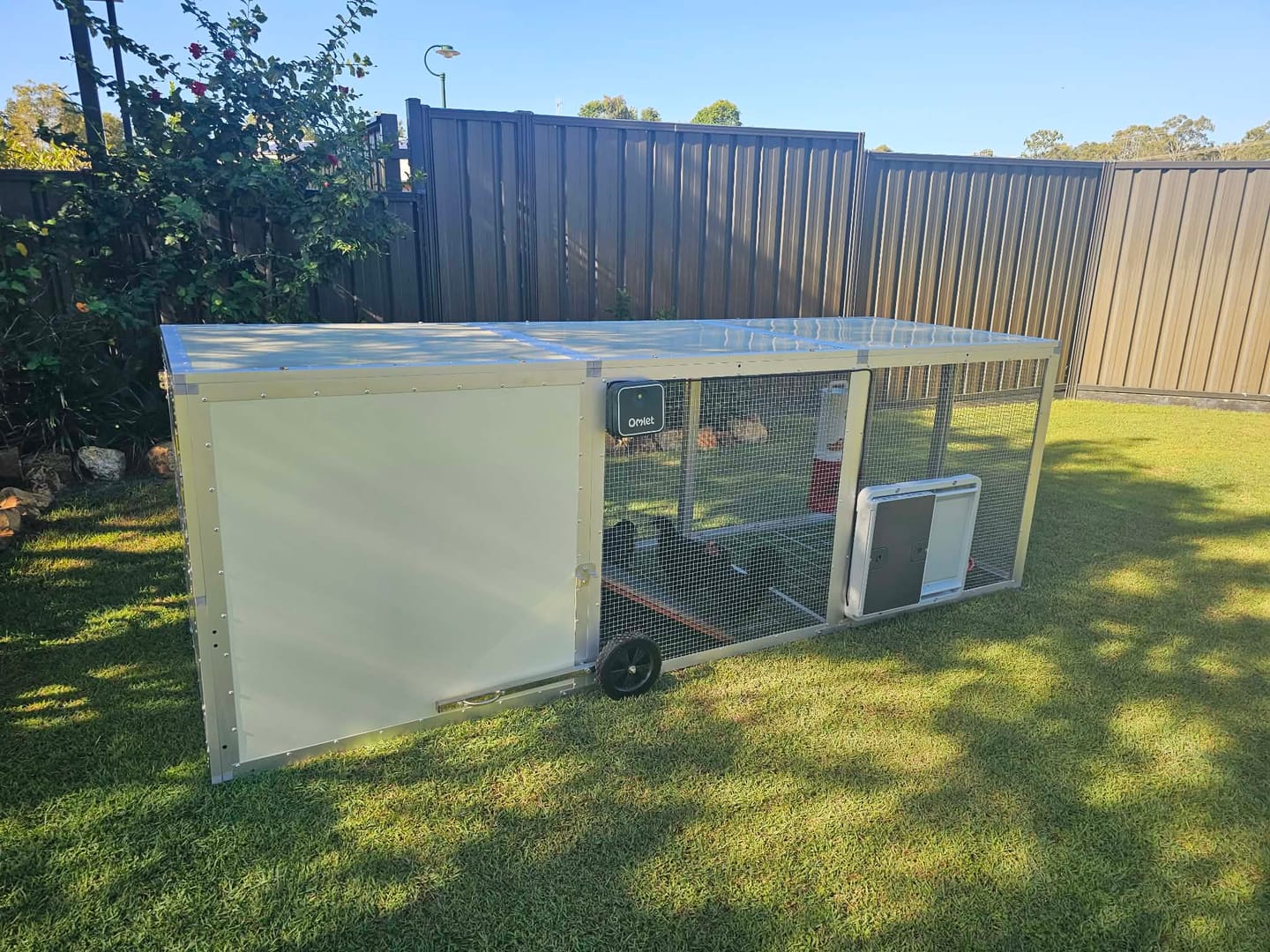 Customer photo review of 3-Panel Chicken Tractor + Mesh Floor + Canvas Cover + 2 Nesting Boxes Bundle