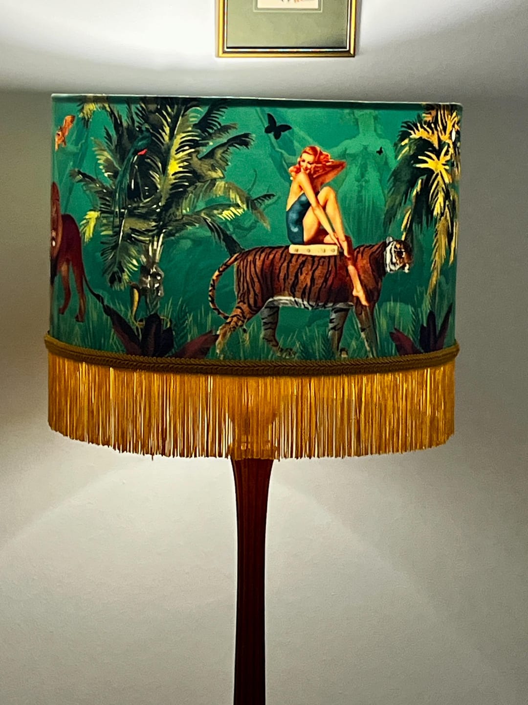 Customer photo review of Queen K Jungle Walk Green Tassel Fringed Drum Lampshade