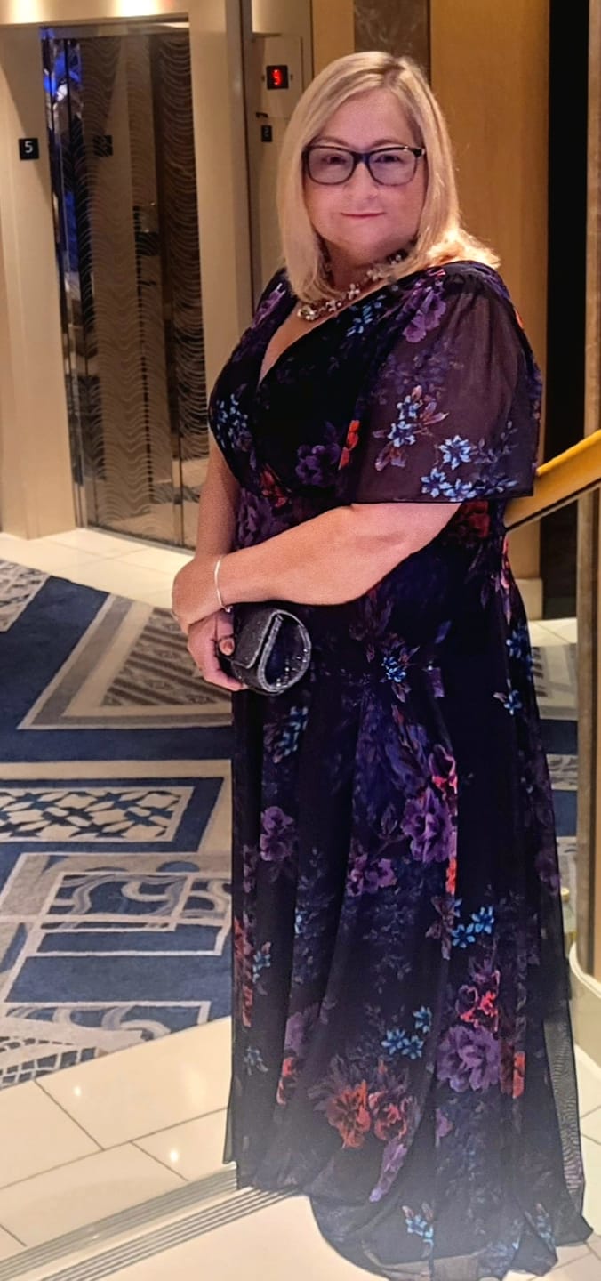 Customer photo review of Isabelle Navy Amethyst Float Sleeve Maxi Dress