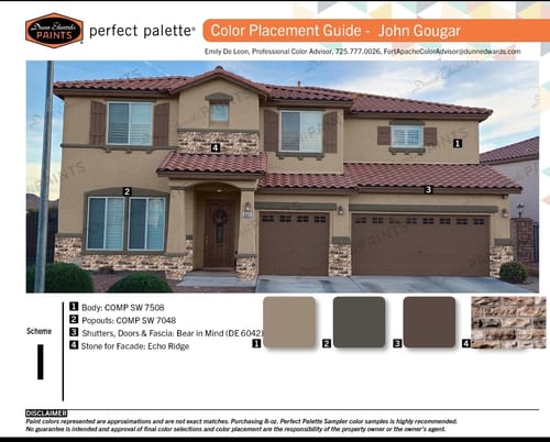 Reviewer's color placement guide showing a tan house with brown shutters and dark stone accents.