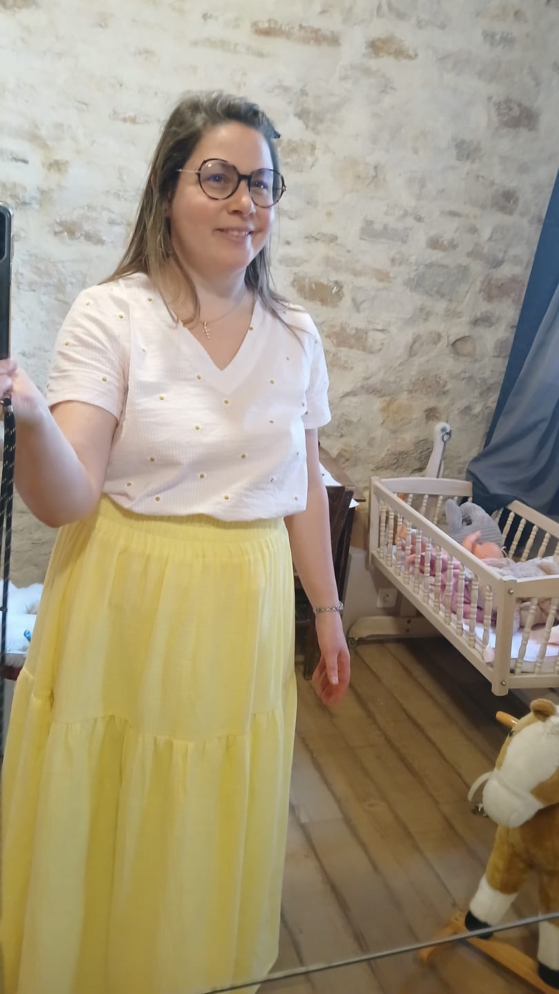 Customer photo review of Blouse Nila - Seersucker rayé rose & pâquerettes