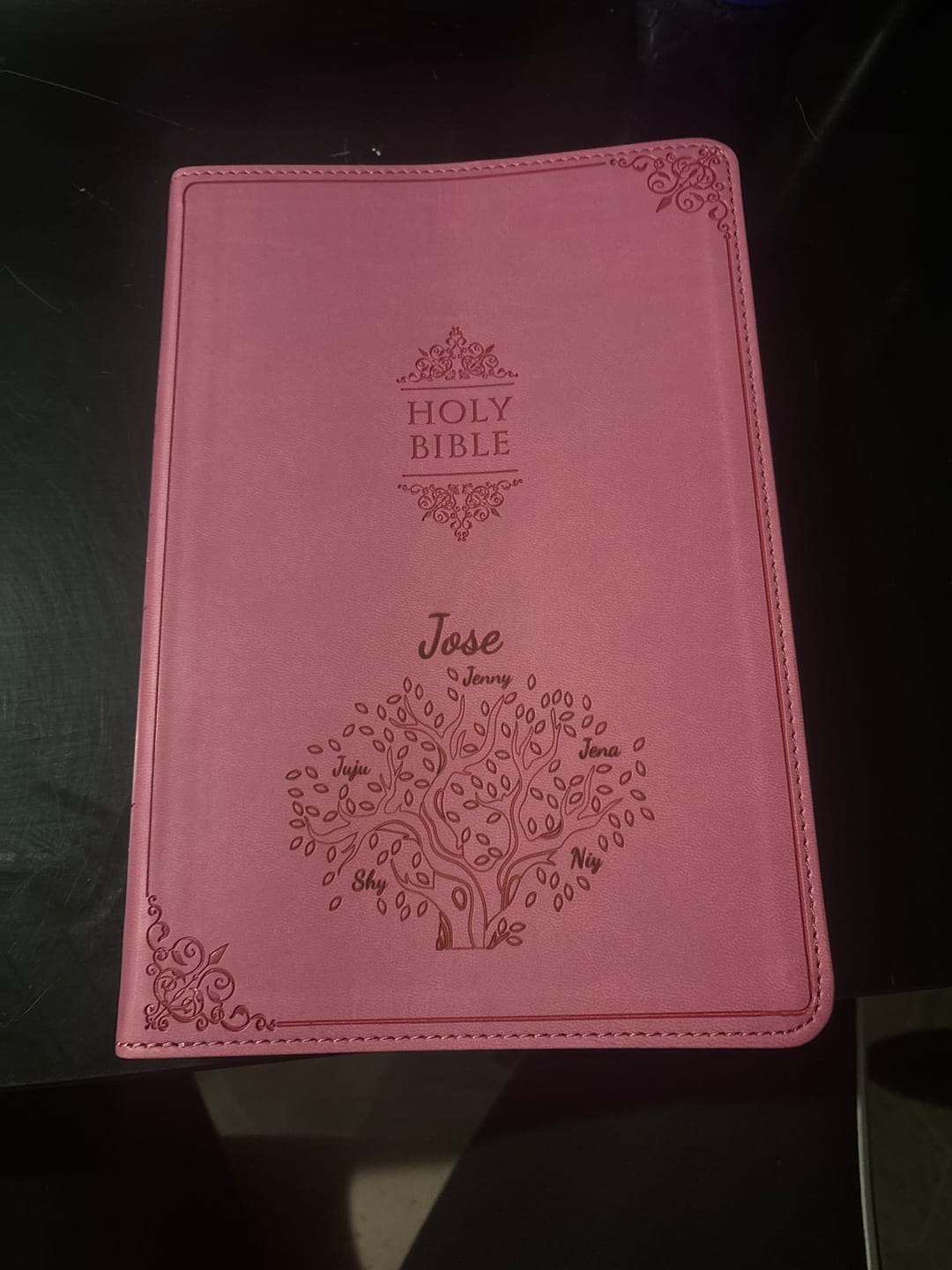 Customer photo review of Personalized NIV Bible Large Print - Pink Thinline - Engraved Family Tree