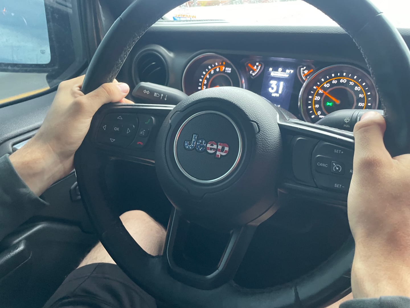 Customer photo review of JEEP Steering Wheel Emblem Overlay Decal — 30+ Colors & Designs (Flag, Topo, Animal, Solid)