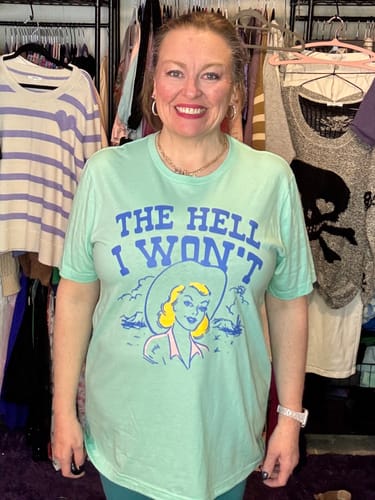 Customer wearing the mint green The Hell I Won't Tee in a relaxed fit.