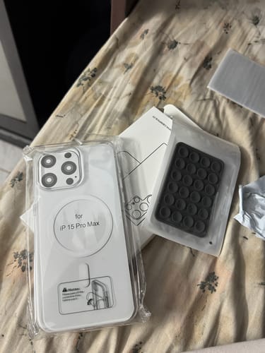 Customer's new Anti Yellow Magsafe Clear Case for iPhone 15 Pro Max, shown in its original packaging.