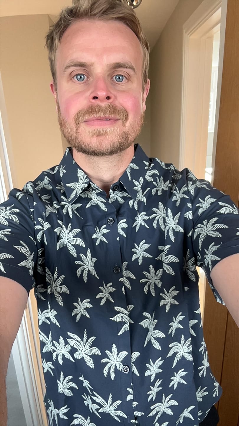 Customer photo review of Men's Palm Tree Print Cotton Navy Blue Button Up Short Sleeve Hawaiian Shirt