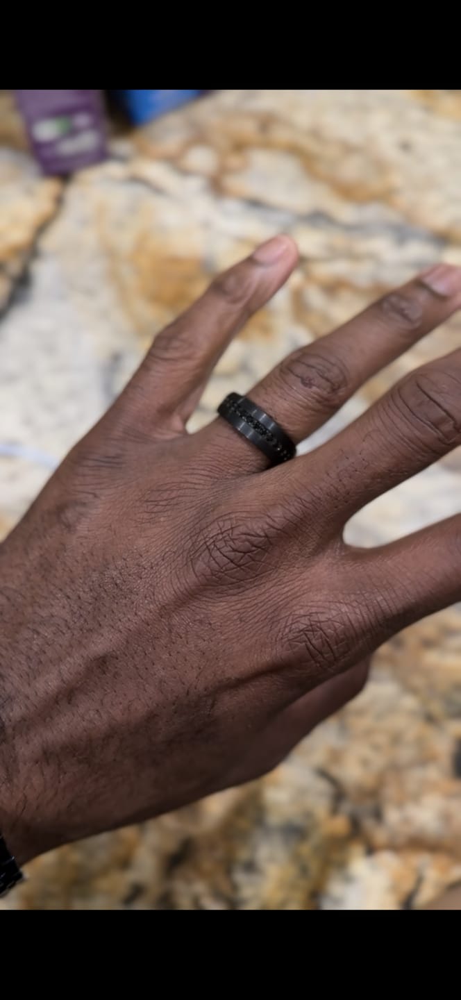 Customer photo review of 8mm Black Tungsten Wedding Band with Black Sapphires