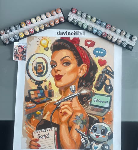 Reviewer's colorful finished artwork from a Custom Paint by Numbers Kit, shown with the included numbered paint pots.