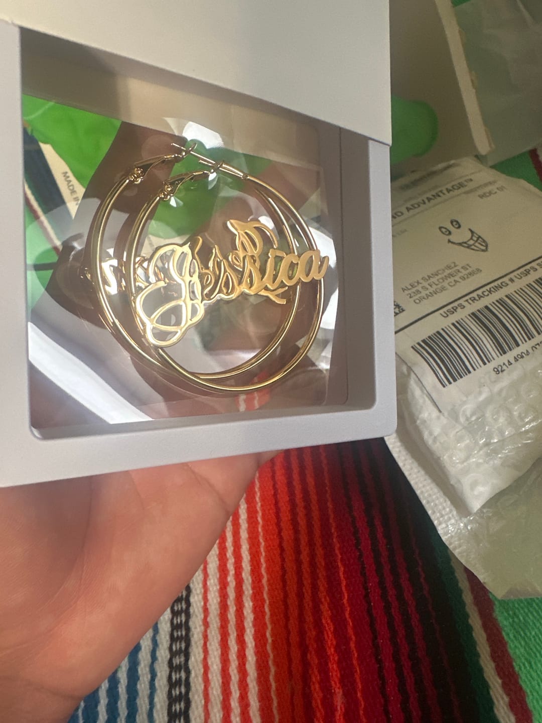Customer photo review of Script Name Hoop Earrings