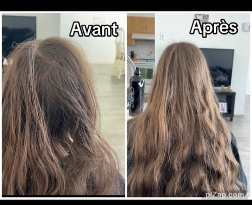 Reviewer's before-and-after photos showing visibly fuller and thicker hair from behind after using the shampoo.