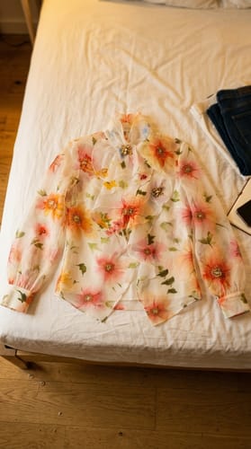 Customer's ruffled blouse with an orange floral print laid out flat on a bed.
