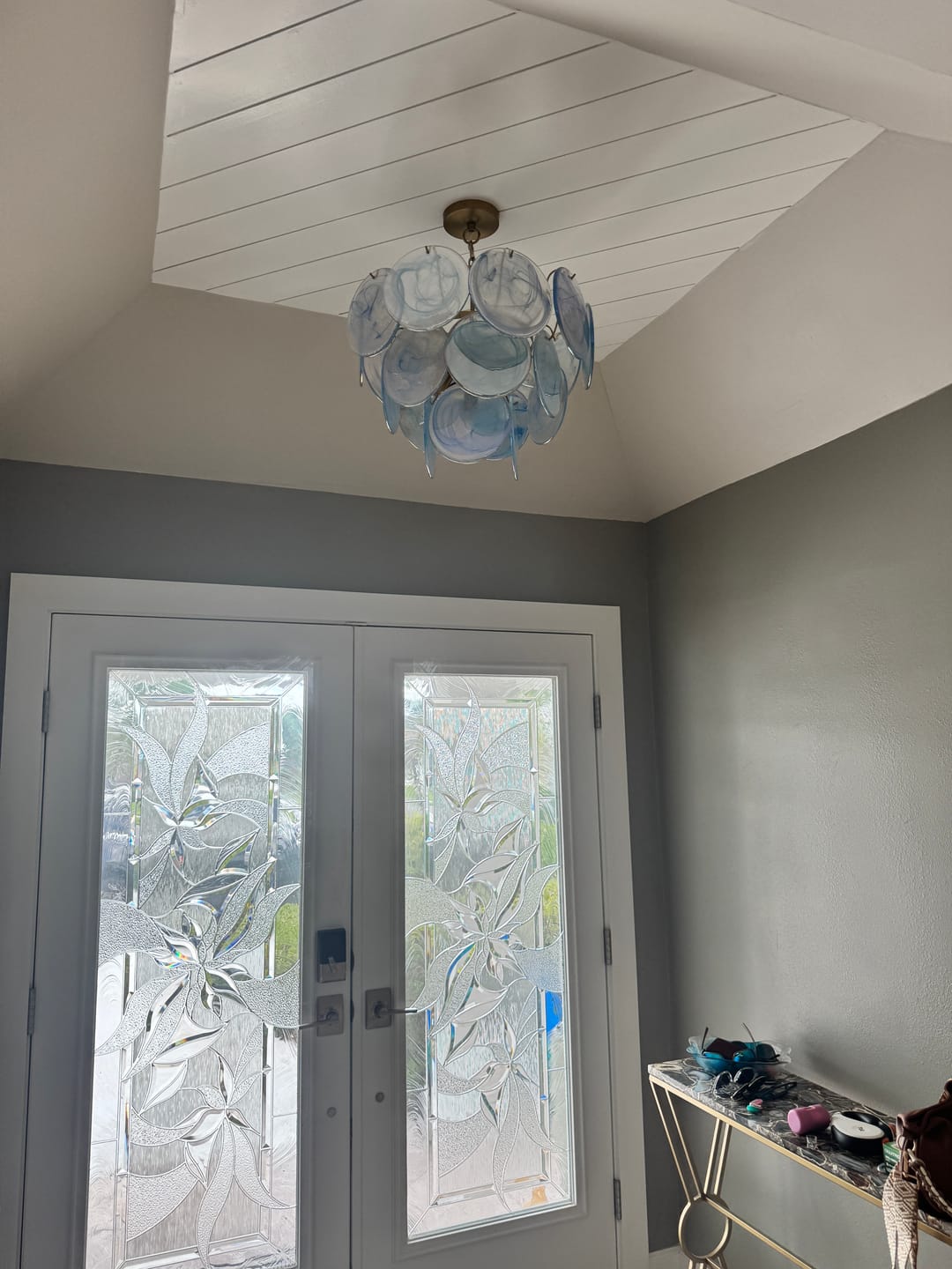 Customer photo review of Glam Blue Iridescent Swirl Glass Round Tiered Chandelier