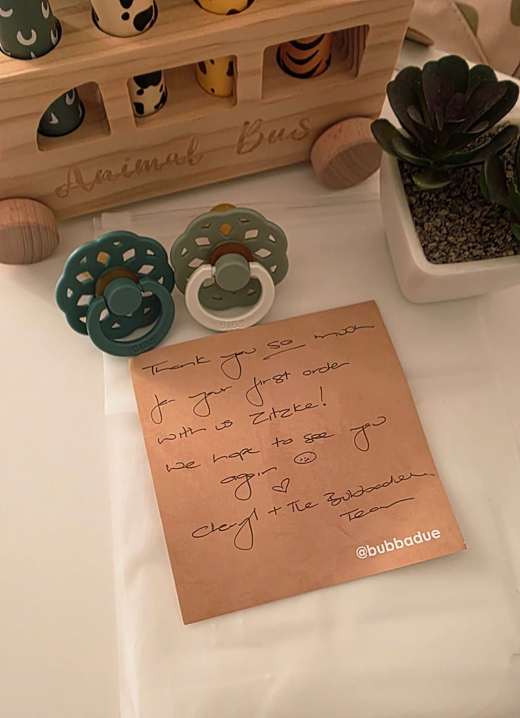 Customer photo review of BIBS Boheme Night Glow Pacifiers / Dummies - Sage