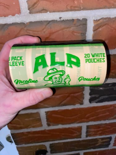 Customer holding a green 5-pack sleeve of ALP Spearmint Nicotine Pouches against a brick wall.