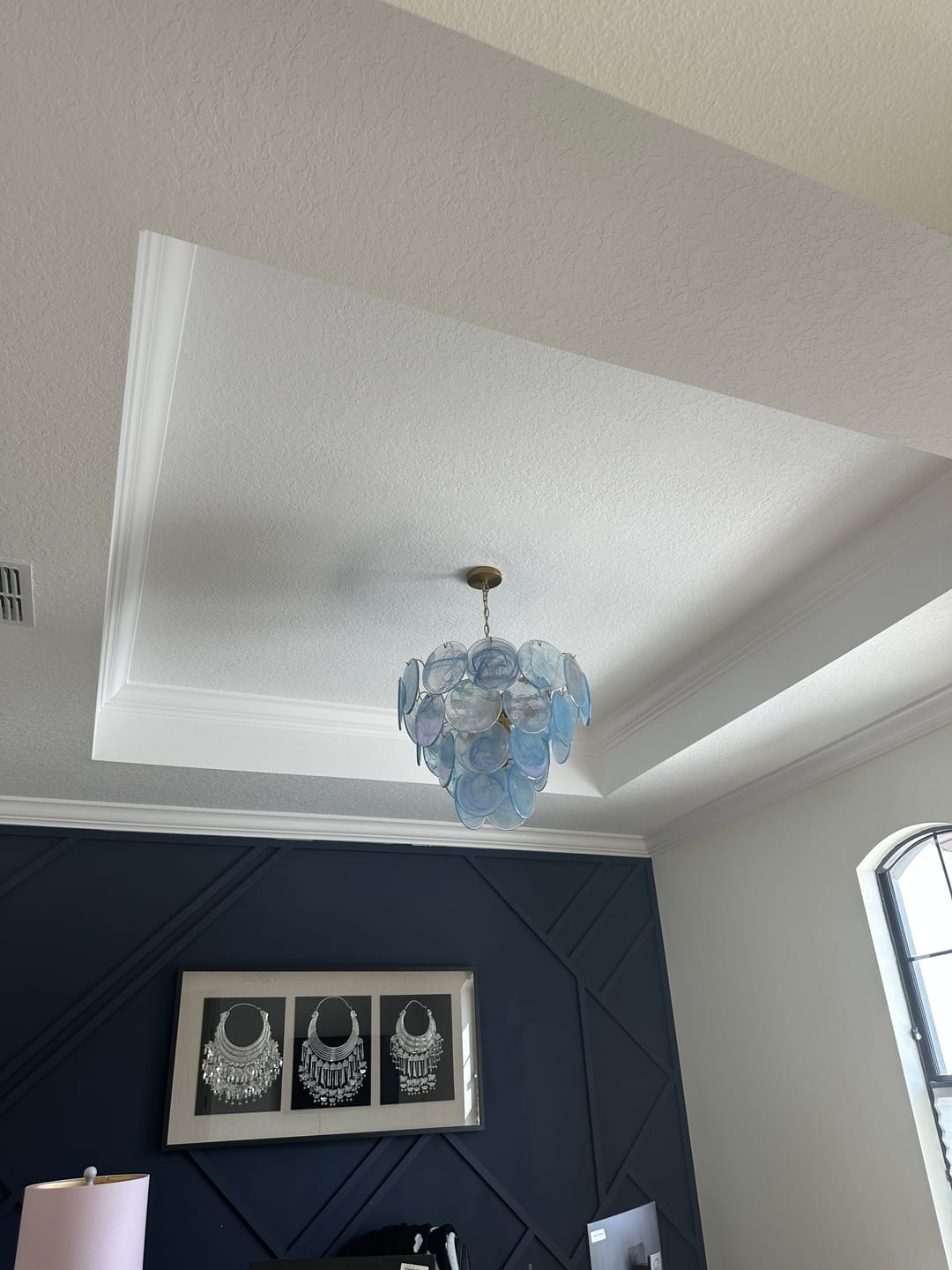 Customer photo review of Glam Blue Iridescent Swirl Glass Round Tiered Chandelier