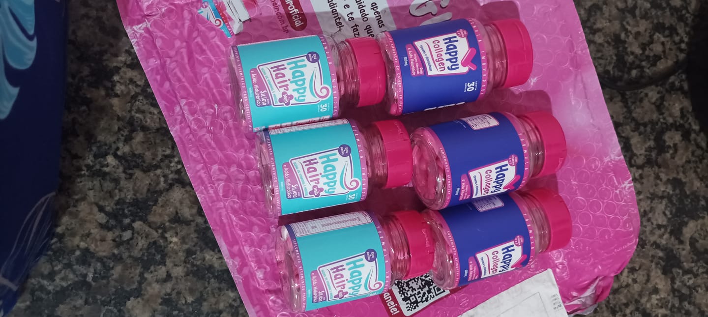 Customer photo review of Happy Hair 3 Potes + 1 Colágeno Grátis