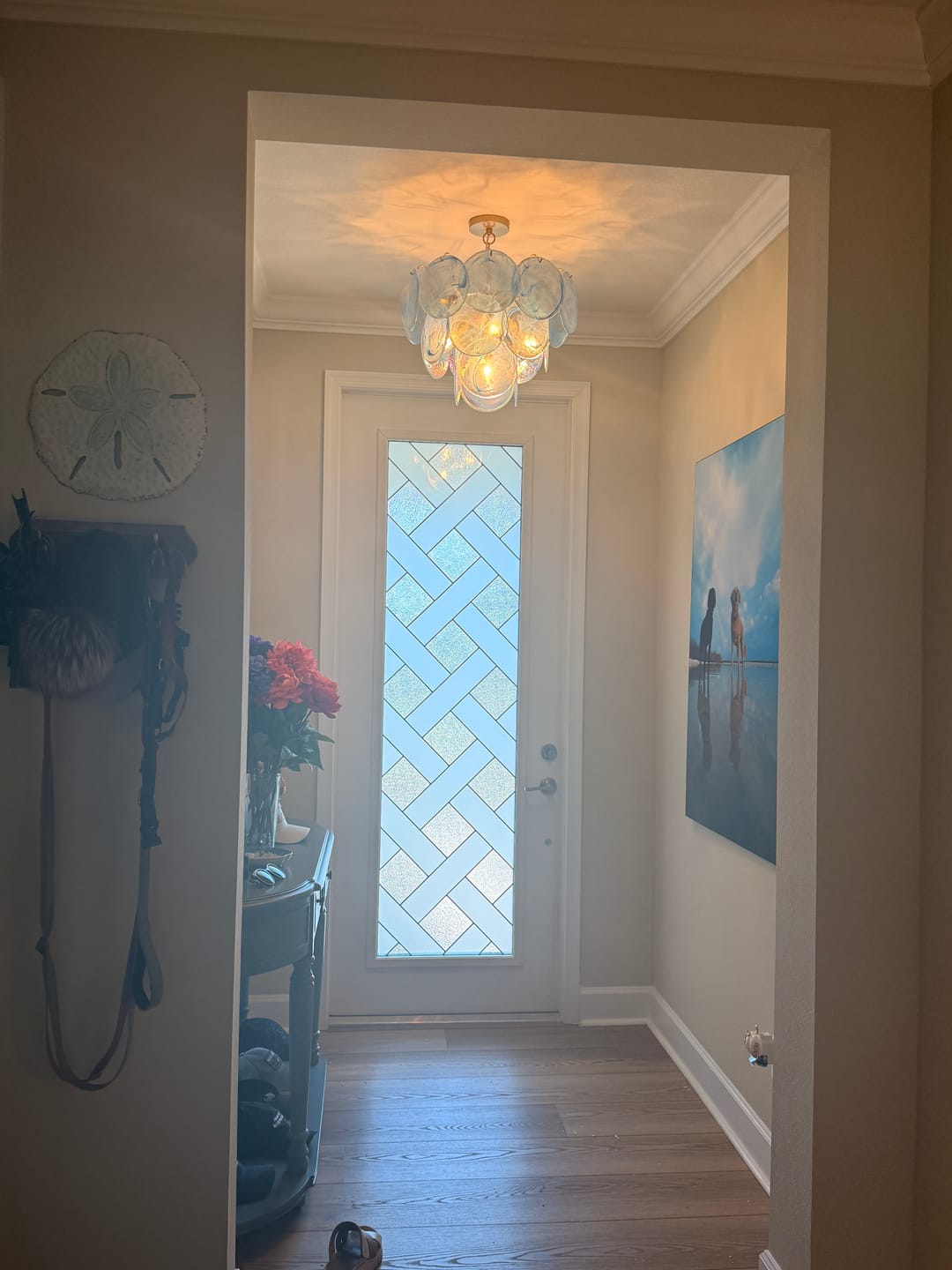 Customer photo review of Glam Blue Iridescent Swirl Glass Round Tiered Chandelier