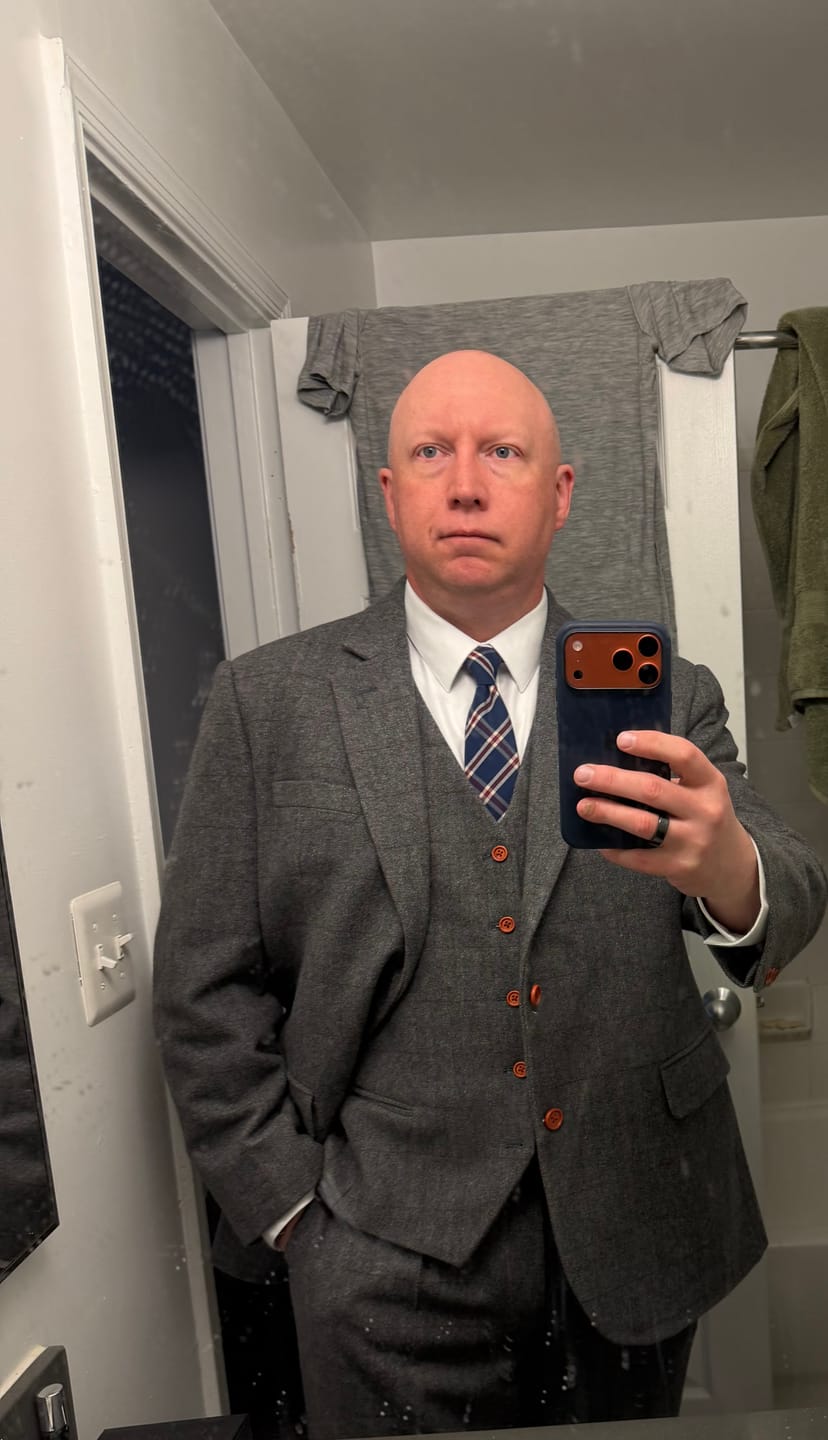 Customer photo review of Prince Of Wales Grey Herringbone Tweed 3 Piece Suit