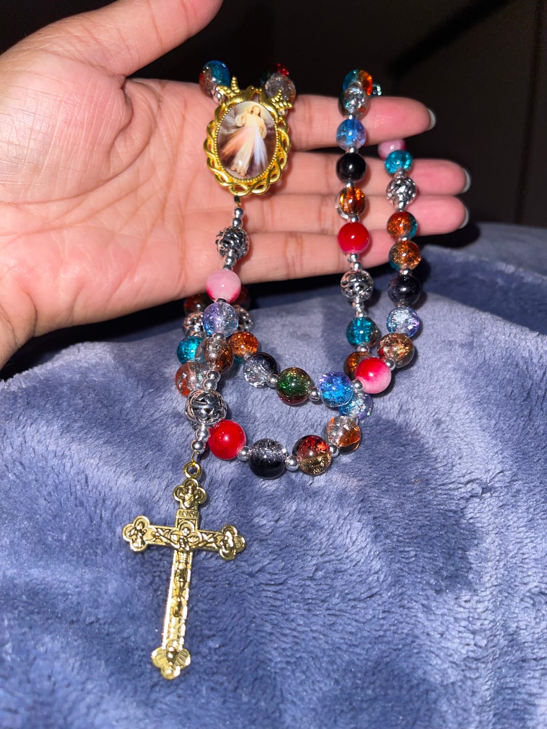 Customer photo review of FREE Today: Gradient Multicolor Glass Bead & Brass Crucifix Rosary with Divine Mercy Medal