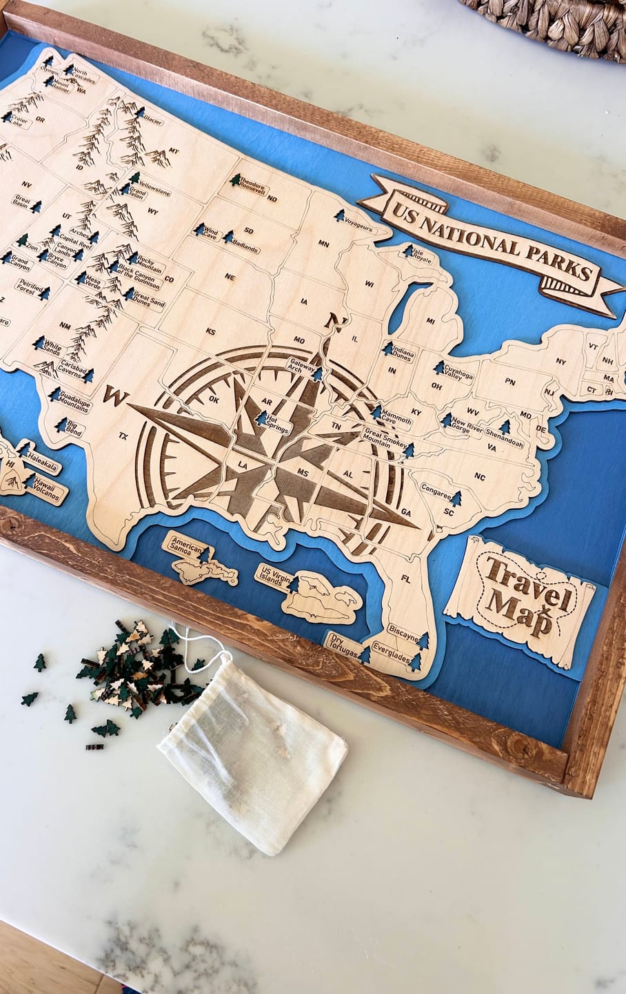 Customer photo review of US National Parks Map Sign w/ Tree Markers | Laser Engraved & Framed Wall Art