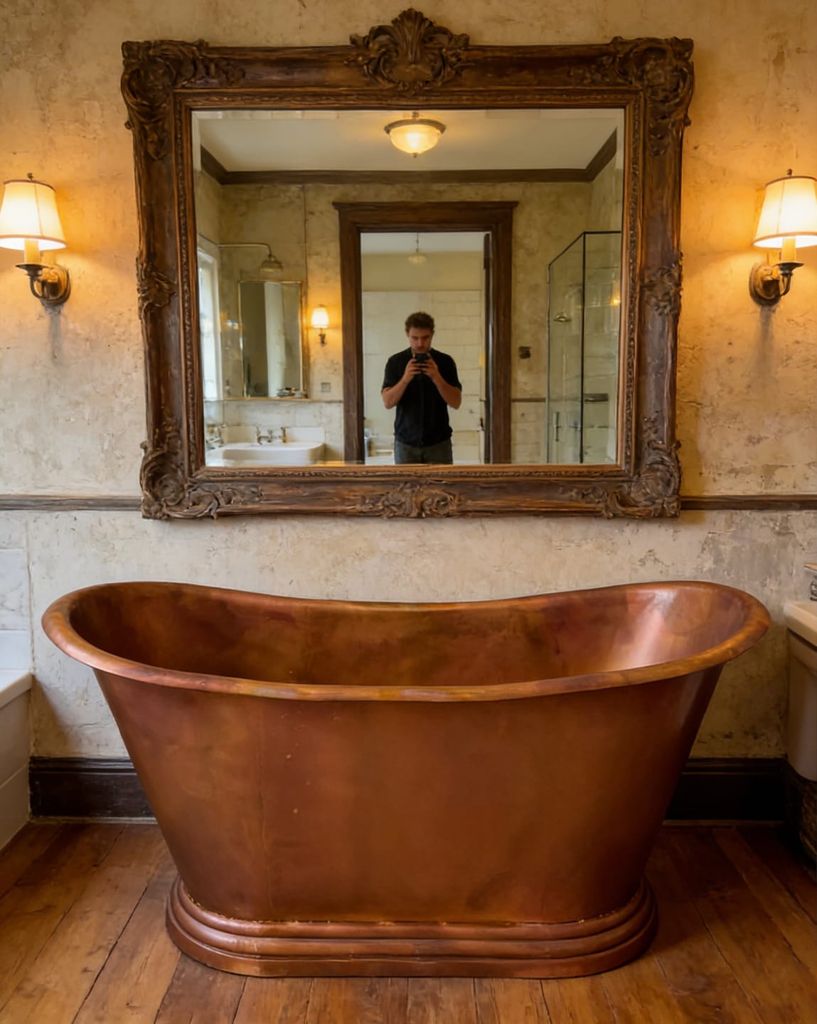 Customer photo review of Elite Double‑Slipper Antique Fired Patina Copper Freestanding Pedestal Bathtub ECP-38