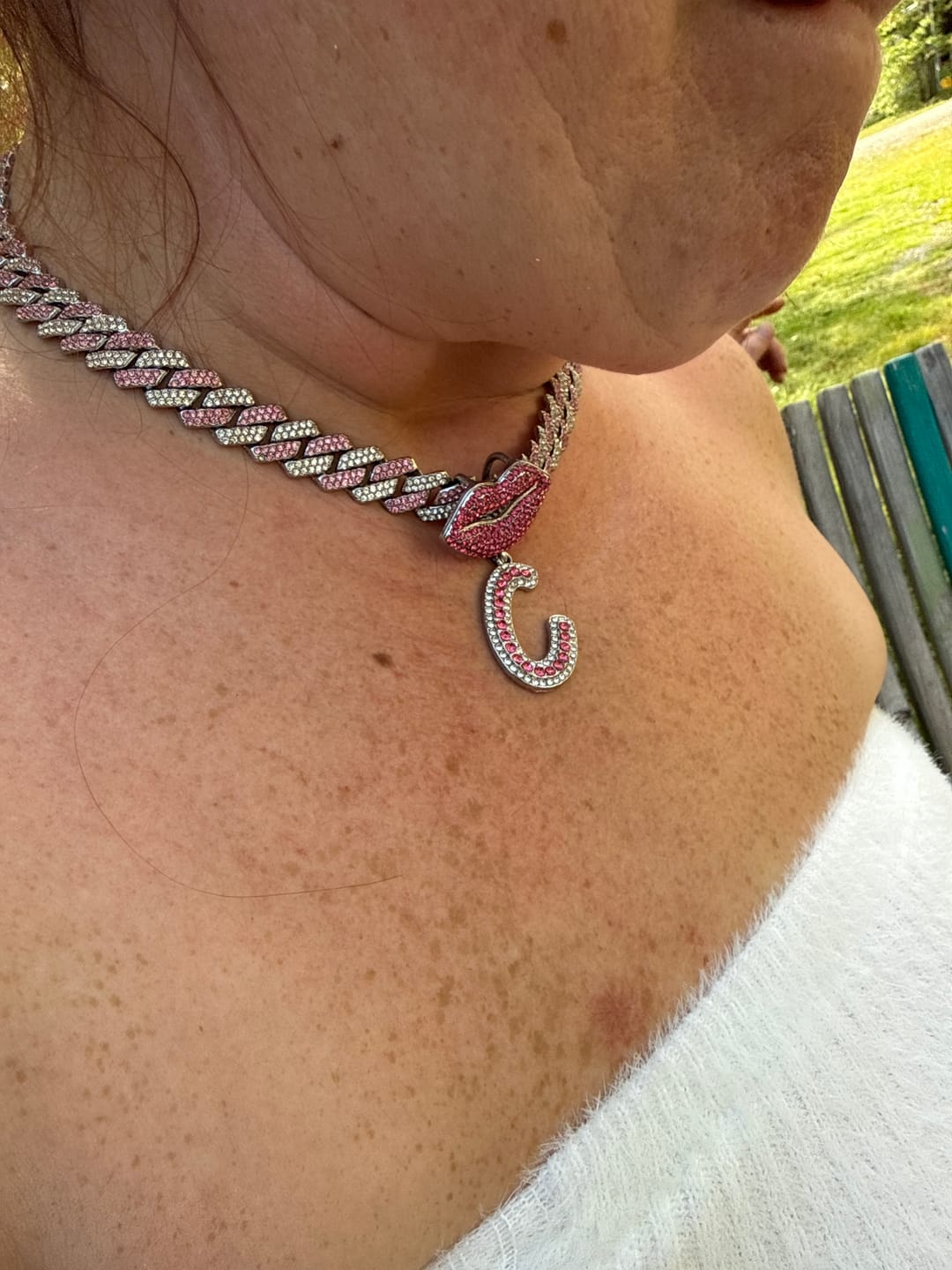 Customer photo review of LUXIIVA® PINK LIPS INITIAL PENDANT(Ready to Ship)