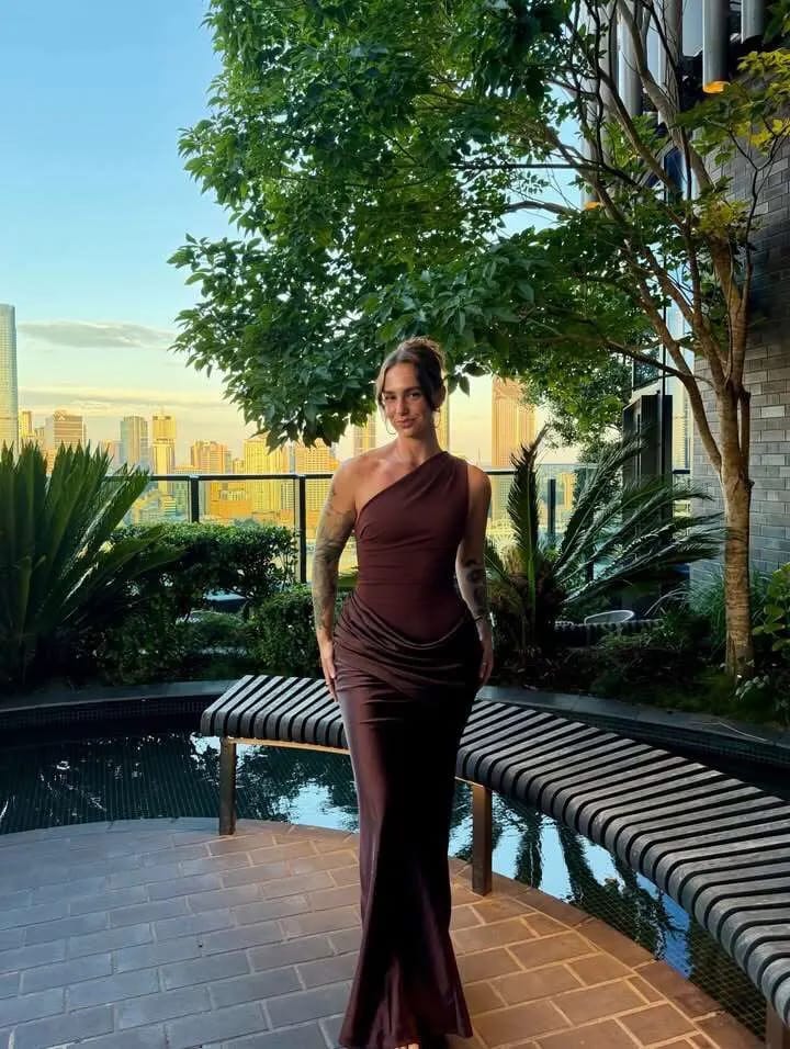Customer photo review of Adele One Shoulder Draped Maxi Dress