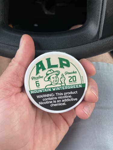 Reviewer's hand holding a round tin of ALP Mountain Wintergreen Nicotine Pouches in a car.