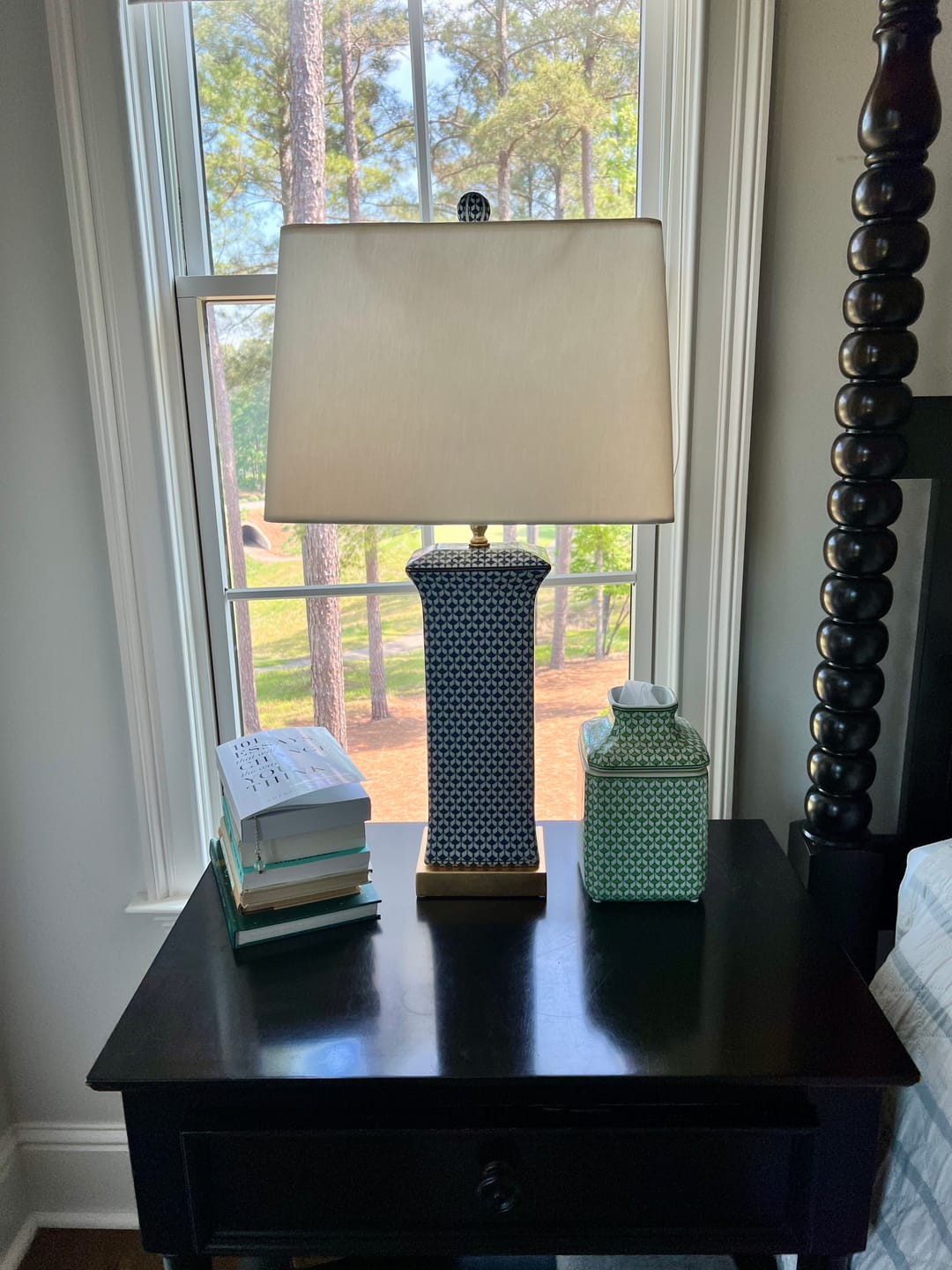 Customer photo review of Slender Blue & White Fishnet Porcelain Table Lamps With Gold Base