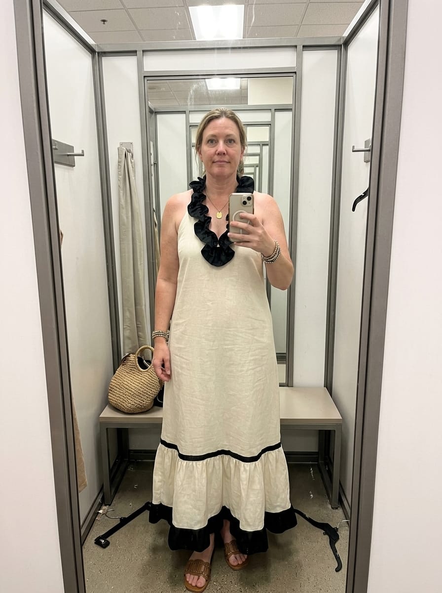 Customer photo review of A-Line Loose Contrast Color Pleated Ruffle Trim Split-Joint V-Neck Maxi Dresses