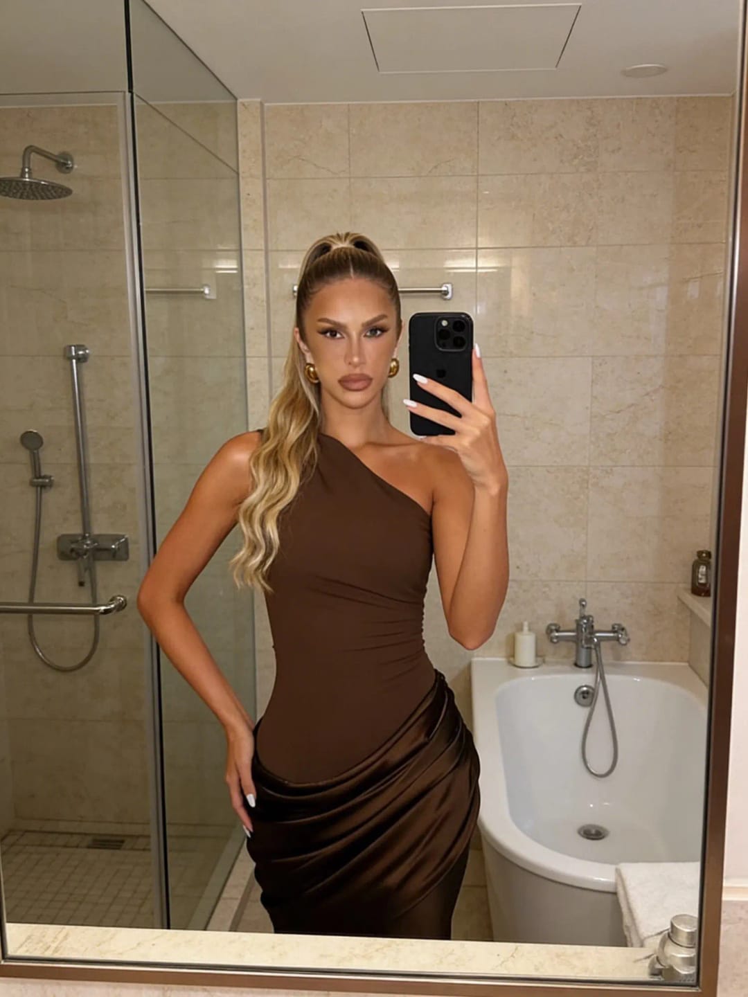 Customer photo review of Adele One Shoulder Draped Maxi Dress