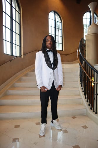 Customer photo review of Men's Three-Piece Rhinestone Embellishments Wedding White Tuxedo