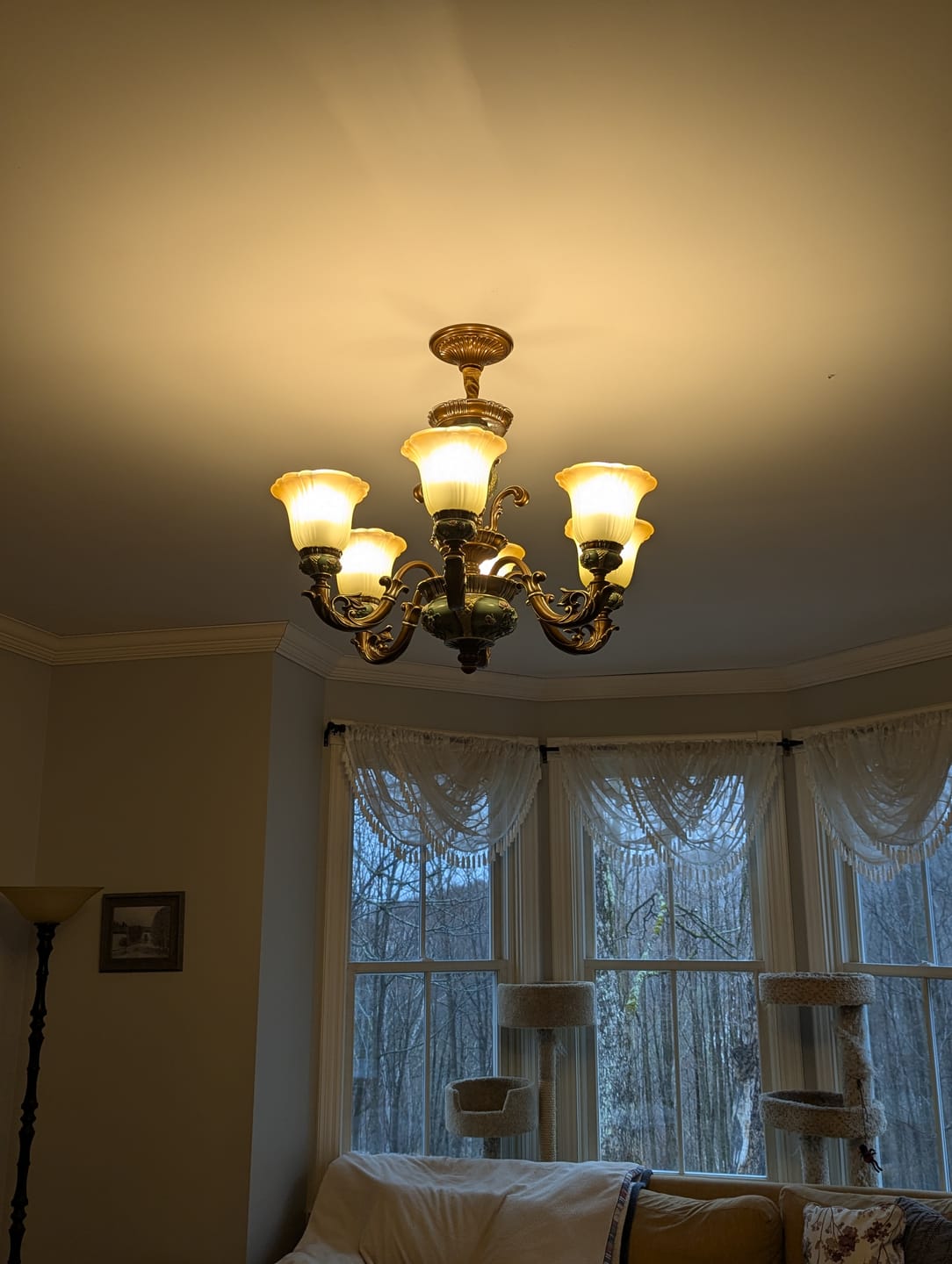 Customer photo review of Traditional Antique Ceramic Dining Room Chandelier with Frosted Flower Glass Shades