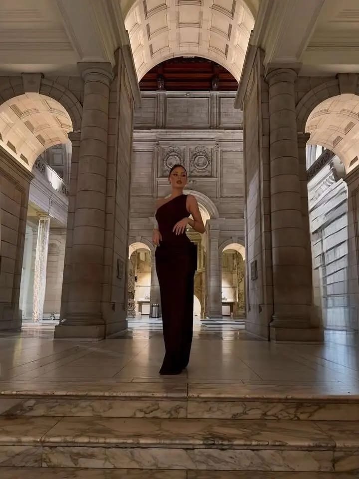 Customer photo review of Adele One Shoulder Draped Maxi Dress