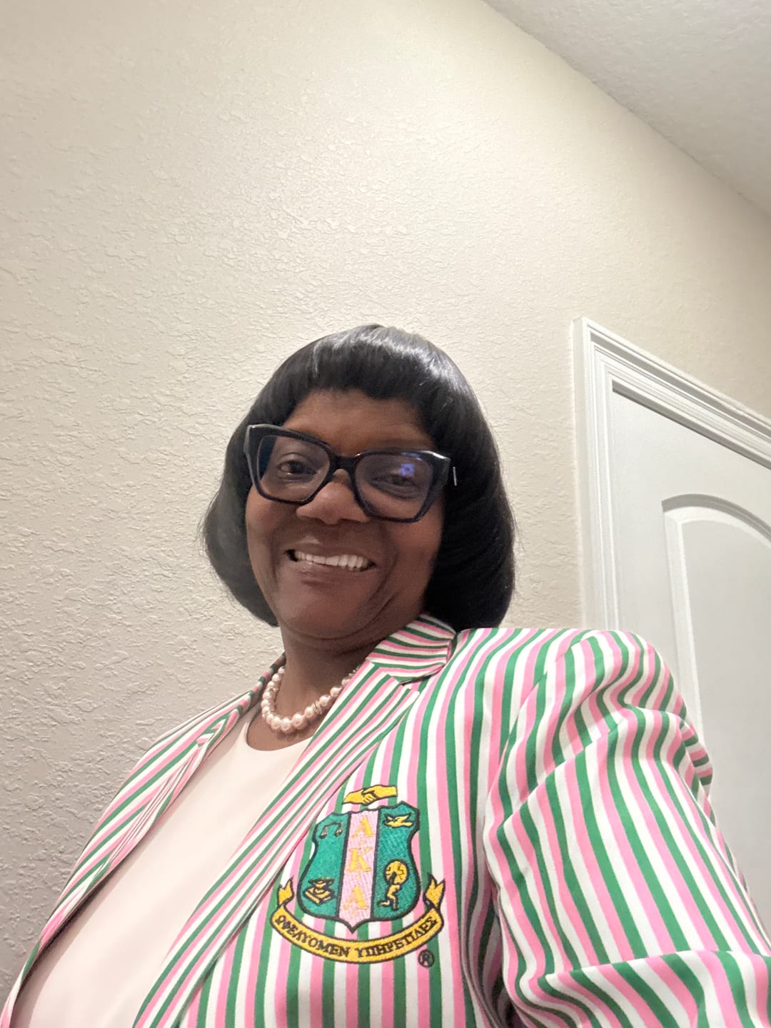Customer photo review of AKA Pink and Green Striped Blazer