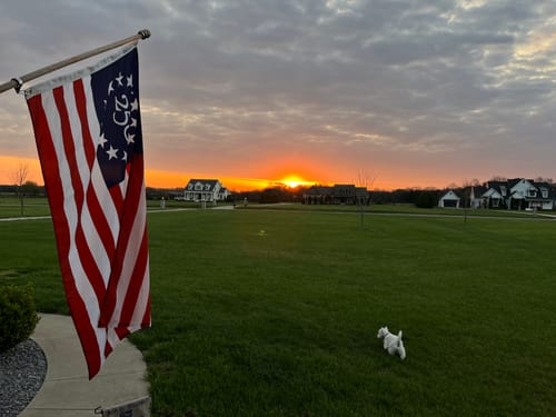 Customer's printed America 250™ Betsy Ross Flag hanging from a pole in a yard at sunset.